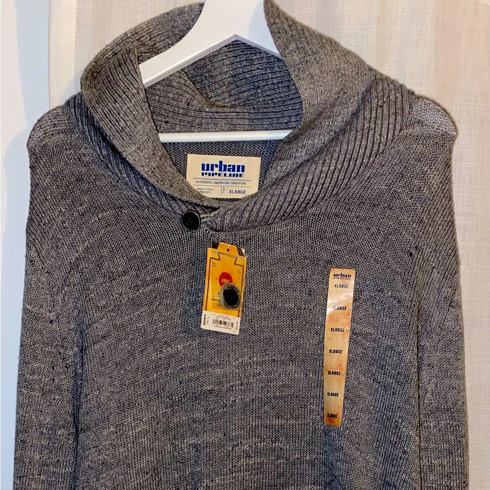Urban Pipeline Sweater Mens XLARGE Gray 100% Cotton Shawl Collar Button Neck NEW